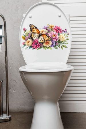 Kelebek ve Renkli Güller Temalı Klozet Sticker Banyo Sticker - Görsel 6
