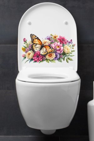 Kelebek ve Renkli Güller Temalı Klozet Sticker Banyo Sticker - Görsel 7