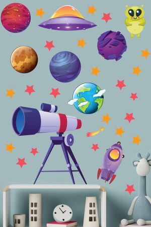 Gezegenler Teleskop Ve Yıldız Temalı Sticker Seti Çocuk Odası - Görsel 1
