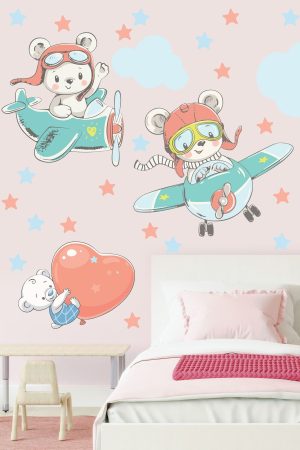 Sevimli Pilot Ayıcıklar Bulutlar Ve Yıldızlar Çocuk Odası Duvar Sticker Seti - Görsel 1