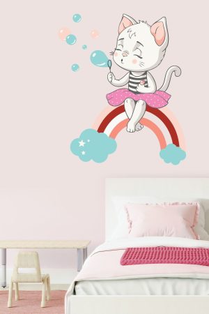 Gökkuşağı Ve Sevimli Kedi Baloncuklar Temalı Çocuk Odası Sticker - Görsel 1