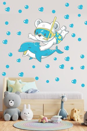 Yunus Yüzen Sevimli Ayıcık Ve Baloncuklar Temalı Duvar Sticker Seti - Görsel 1