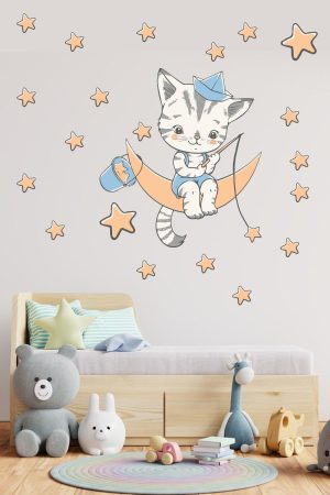 Ayda Yıldız Toplayan Sevimli Kedicik Çocuk Odası Sticker - Görsel 1