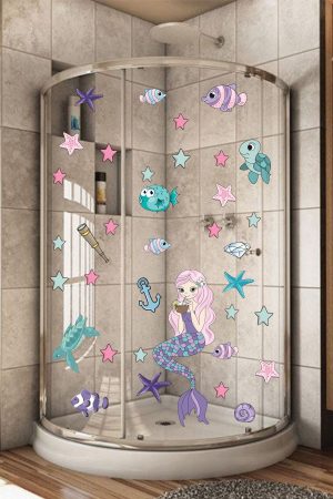 Deniz Kızı Deniz Yıldızları Ve Balıklar Duşakabin Ve Banyo Sticker - Görsel 1
