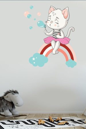 Gökkuşağı Ve Sevimli Kedi Baloncuklar Temalı Çocuk Odası Sticker - Görsel 2