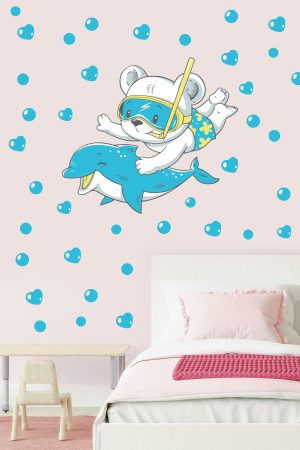 Yunus Yüzen Sevimli Ayıcık Ve Baloncuklar Temalı Duvar Sticker Seti - Görsel 2