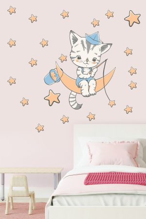 Ayda Yıldız Toplayan Sevimli Kedicik Çocuk Odası Sticker - Görsel 2
