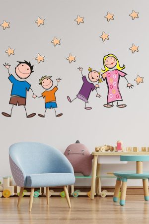 Neşeli Aile Ve Yıldızlar Çizgi Tasarımlı Okul Ve Çocuk Odası Sticker - Görsel 1