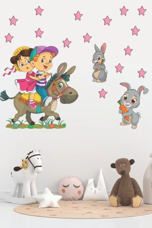 Eşeğe Binen Sevimli Çocuklar Ve Tavşanlar Çocuk Odası Duvar Sticker Seti - Görsel 1
