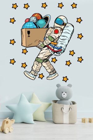 Gezegenleri Taşıyan Astronot Ve Yıldızlar Çocuk Odası Duvar Sticker - Görsel 1