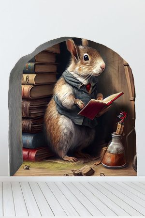 Kitap Okuyan Fare Duvar Sticker Kütüphaneci Sevimli Fare ve Fare Holü Sticker - Görsel 1