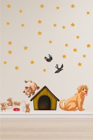 Sevimli Kedi Köpek Ve Hırsız Fareler Temalı Çocuk Odası Duvar Sticker - Görsel 1