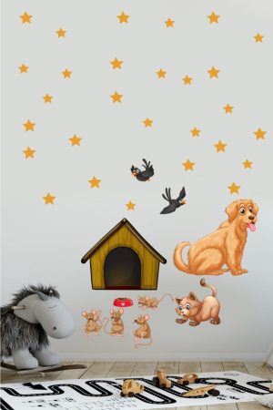 Sevimli Kedi Köpek Ve Hırsız Fareler Temalı Çocuk Odası Duvar Sticker - Görsel 5