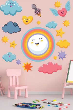 Sevimli Bulutlar Gökkuşağı Ve Yıldızlar Duvar Sticker Seti - Görsel 1