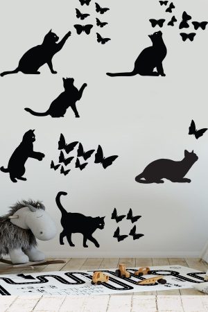 Kedi Ve Kelebekler Sticker Set Siyah Etiket Duvar Sticker - Görsel 1