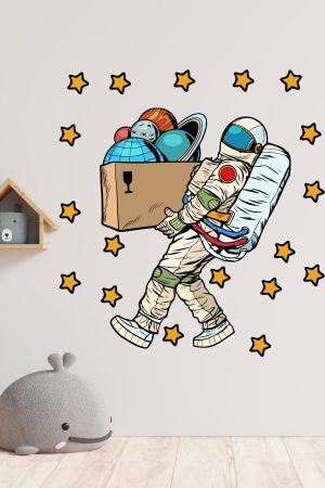 Gezegenleri Taşıyan Astronot Ve Yıldızlar Çocuk Odası Duvar Sticker - Görsel 2
