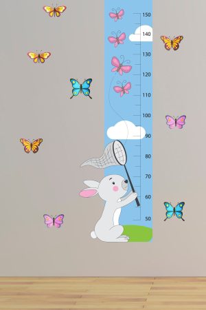 Kelebek Yakalayan Sevimli Tavşan Boy Ölçer Duvar Sticker - Görsel 1