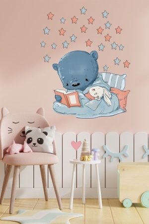 Kitap Okuyan Sevimli Ayıcık Ve Tavşan Çocuk Odası Duvar Sticker - Görsel 1