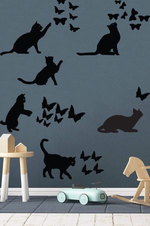 Kedi Ve Kelebekler Sticker Set Siyah Etiket Duvar Sticker - Görsel 2