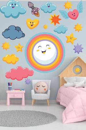 Sevimli Bulutlar Gökkuşağı Ve Yıldızlar Duvar Sticker Seti - Görsel 2