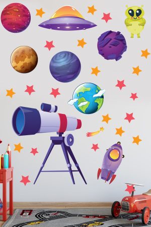 Gezegenler Teleskop Ve Yıldız Temalı Sticker Seti Çocuk Odası - Görsel 3