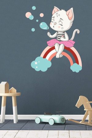 Gökkuşağı Ve Sevimli Kedi Baloncuklar Temalı Çocuk Odası Sticker - Görsel 3