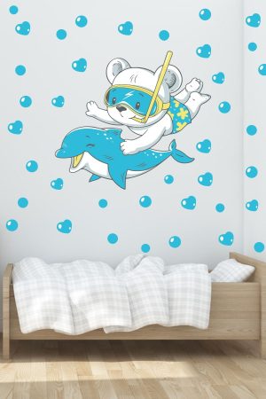 Yunus Yüzen Sevimli Ayıcık Ve Baloncuklar Temalı Duvar Sticker Seti - Görsel 3