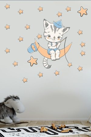 Ayda Yıldız Toplayan Sevimli Kedicik Çocuk Odası Sticker - Görsel 3