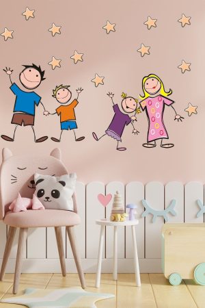 Neşeli Aile Ve Yıldızlar Çizgi Tasarımlı Okul Ve Çocuk Odası Sticker - Görsel 2