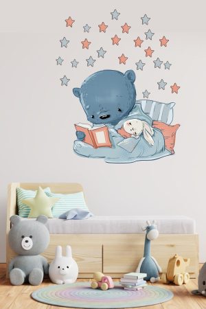 Kitap Okuyan Sevimli Ayıcık Ve Tavşan Çocuk Odası Duvar Sticker - Görsel 2