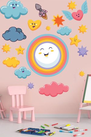 Sevimli Bulutlar Gökkuşağı Ve Yıldızlar Duvar Sticker Seti - Görsel 3