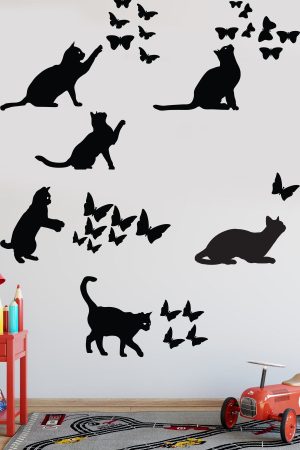 Kedi Ve Kelebekler Sticker Set Siyah Etiket Duvar Sticker - Görsel 3