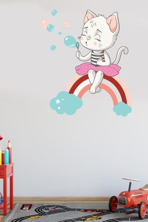 Gökkuşağı Ve Sevimli Kedi Baloncuklar Temalı Çocuk Odası Sticker - Görsel 4