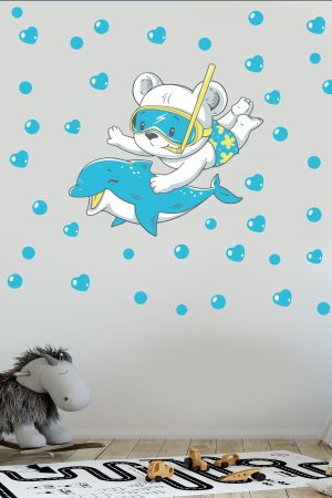 Yunus Yüzen Sevimli Ayıcık Ve Baloncuklar Temalı Duvar Sticker Seti - Görsel 4