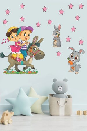 Eşeğe Binen Sevimli Çocuklar Ve Tavşanlar Çocuk Odası Duvar Sticker Seti - Görsel 3