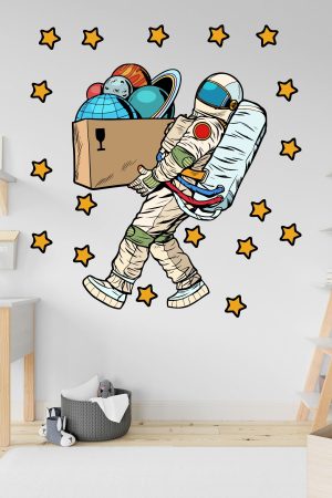 Gezegenleri Taşıyan Astronot Ve Yıldızlar Çocuk Odası Duvar Sticker - Görsel 3