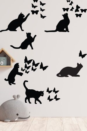 Kedi Ve Kelebekler Sticker Set Siyah Etiket Duvar Sticker - Görsel 4