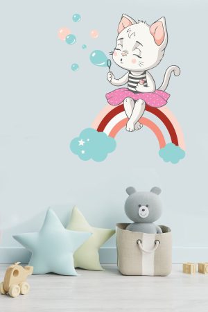 Gökkuşağı Ve Sevimli Kedi Baloncuklar Temalı Çocuk Odası Sticker - Görsel 5