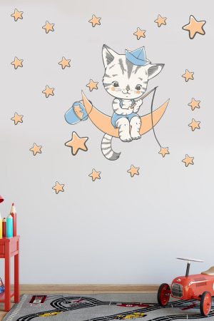 Ayda Yıldız Toplayan Sevimli Kedicik Çocuk Odası Sticker - Görsel 5