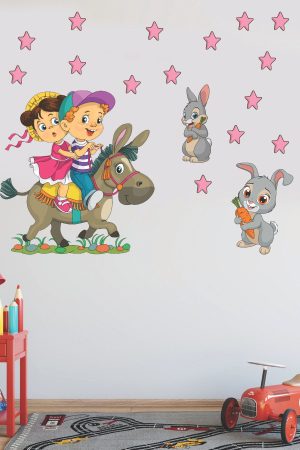 Eşeğe Binen Sevimli Çocuklar Ve Tavşanlar Çocuk Odası Duvar Sticker Seti - Görsel 4