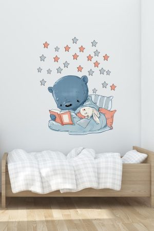 Kitap Okuyan Sevimli Ayıcık Ve Tavşan Çocuk Odası Duvar Sticker - Görsel 3