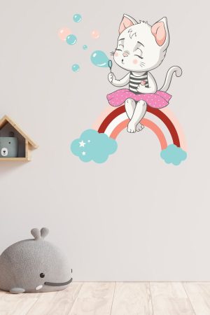 Gökkuşağı Ve Sevimli Kedi Baloncuklar Temalı Çocuk Odası Sticker - Görsel 6