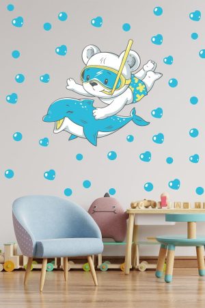Yunus Yüzen Sevimli Ayıcık Ve Baloncuklar Temalı Duvar Sticker Seti - Görsel 6