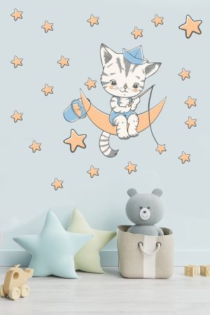 Ayda Yıldız Toplayan Sevimli Kedicik Çocuk Odası Sticker - Görsel 6