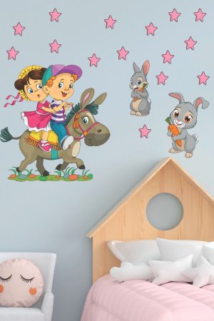 Eşeğe Binen Sevimli Çocuklar Ve Tavşanlar Çocuk Odası Duvar Sticker Seti - Görsel 5