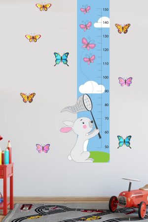 Kelebek Yakalayan Sevimli Tavşan Boy Ölçer Duvar Sticker - Görsel 4