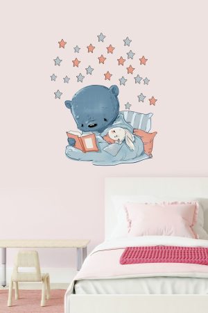 Kitap Okuyan Sevimli Ayıcık Ve Tavşan Çocuk Odası Duvar Sticker - Görsel 4