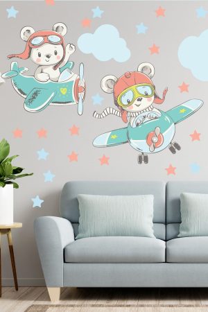 Sevimli Pilot Ayıcıklar Bulutlar Ve Yıldızlar Çocuk Odası Duvar Sticker Seti - Görsel 7