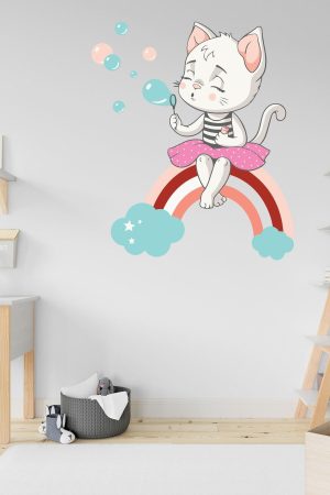 Gökkuşağı Ve Sevimli Kedi Baloncuklar Temalı Çocuk Odası Sticker - Görsel 7