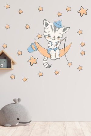 Ayda Yıldız Toplayan Sevimli Kedicik Çocuk Odası Sticker - Görsel 7